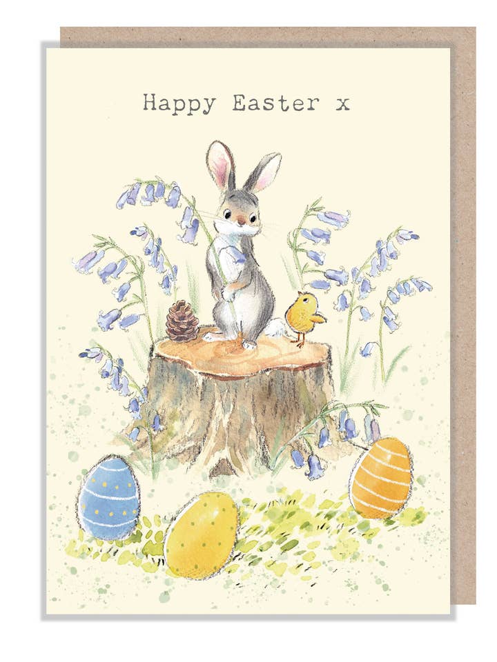 Happy Easter Card - Rabbit With Bird And Bluebells for wholesale by Paper Shed Design Ltd
