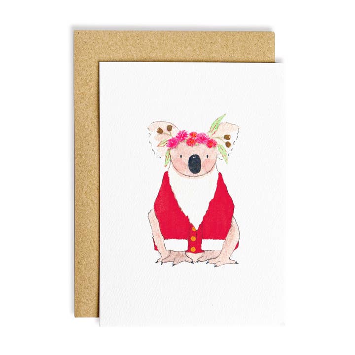 Biglietto natalizio Koala Klaus per la vendita all'ingrosso da parte di The Wattle Studio