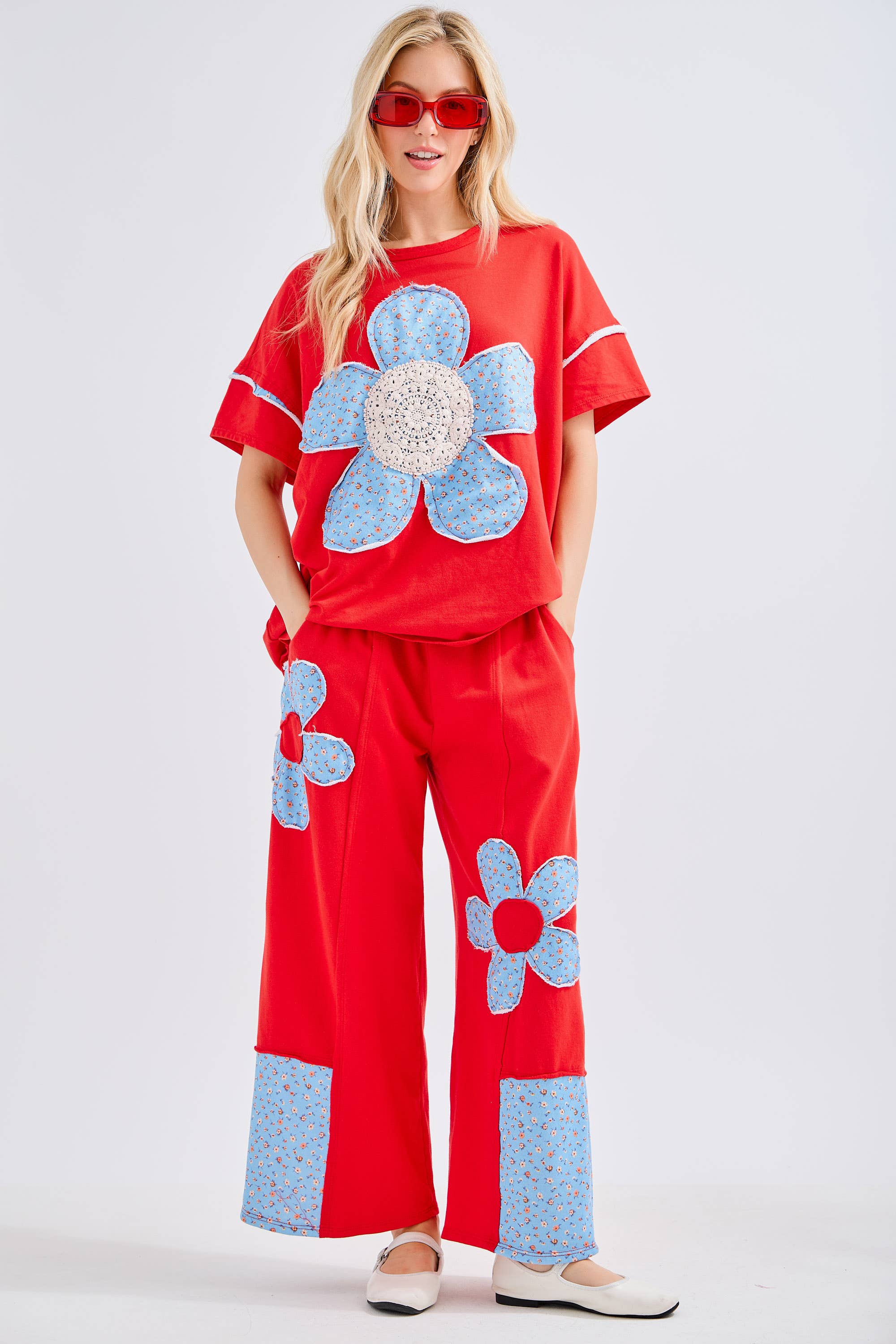 J.Her - Vente Pantalon – femme - Pantalon en molleton de coton avec patchs de fleurs HP65117