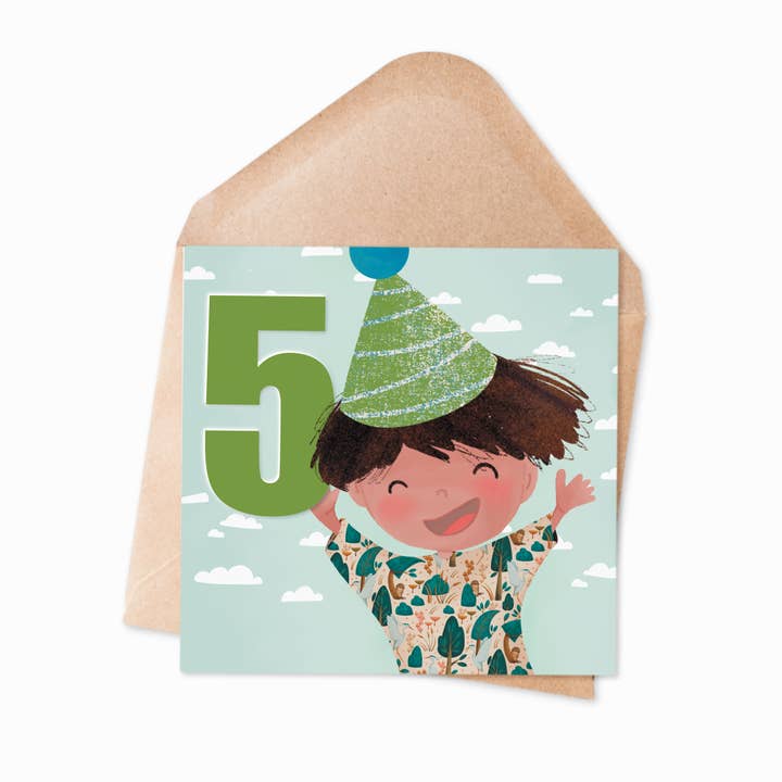 5 ans - Carte d'anniversaire pour garçon avec chapeau de fête pour la vente par Ilana Ewing Designs