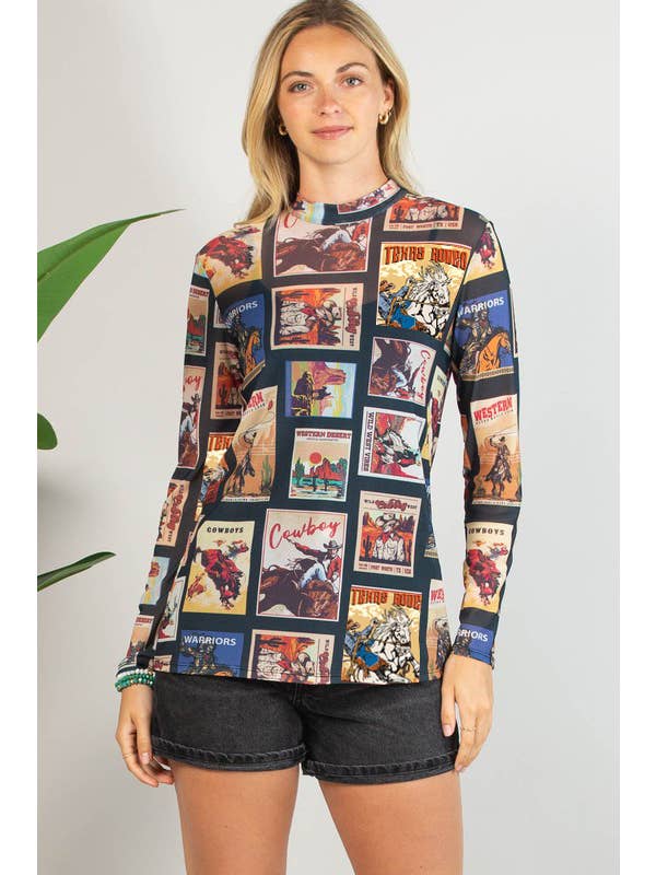 Multi Colored AV1230-ROBBIE VINTAGE WESTERN SEMI SHEER MESH TOP for wholesale on Faire