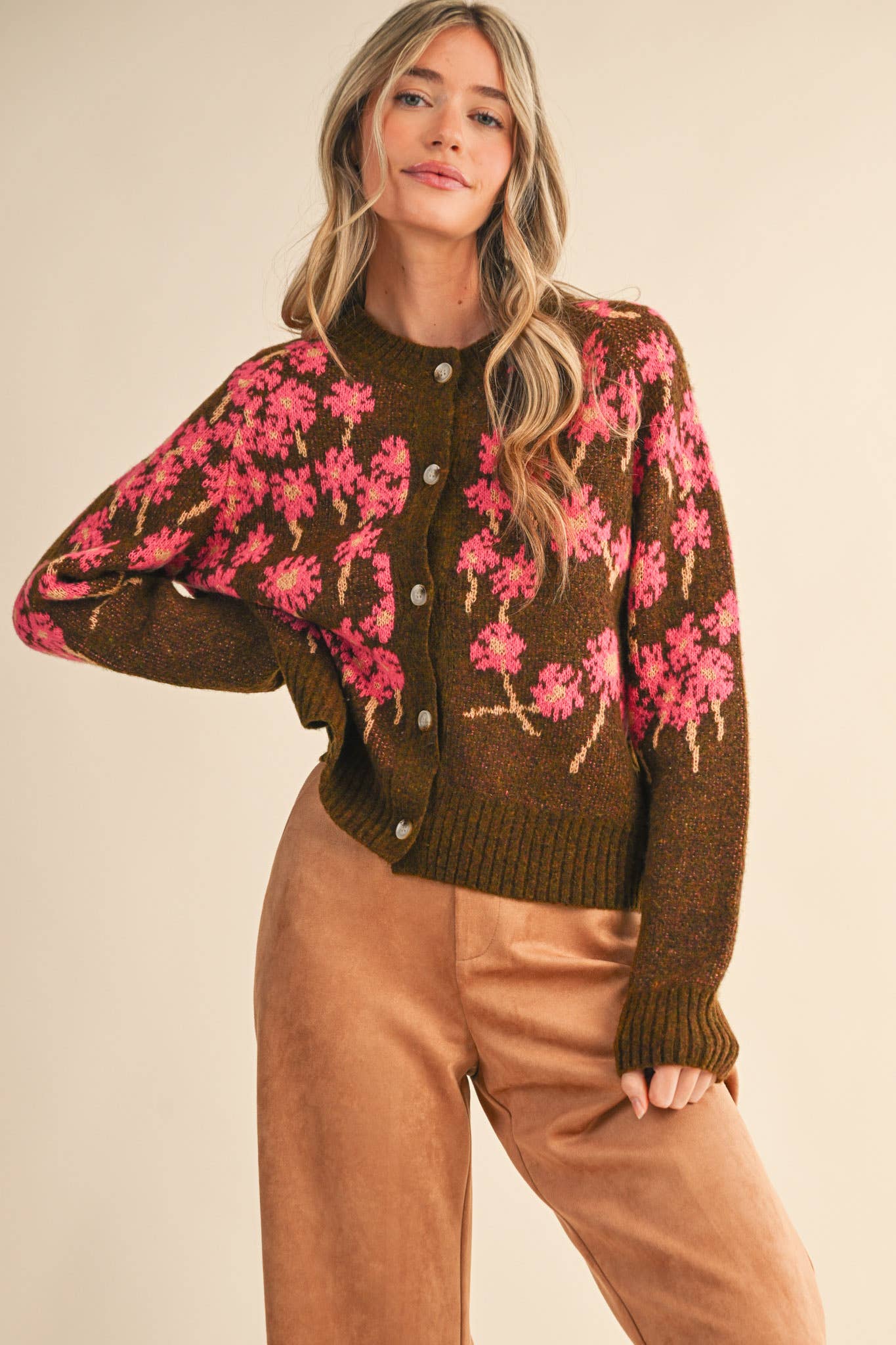 &MERCI - Wholesale Cardigan - Women's - FLORAL KNIT BUTTON DOWN SWEATER CARDIGAN MSW1123842