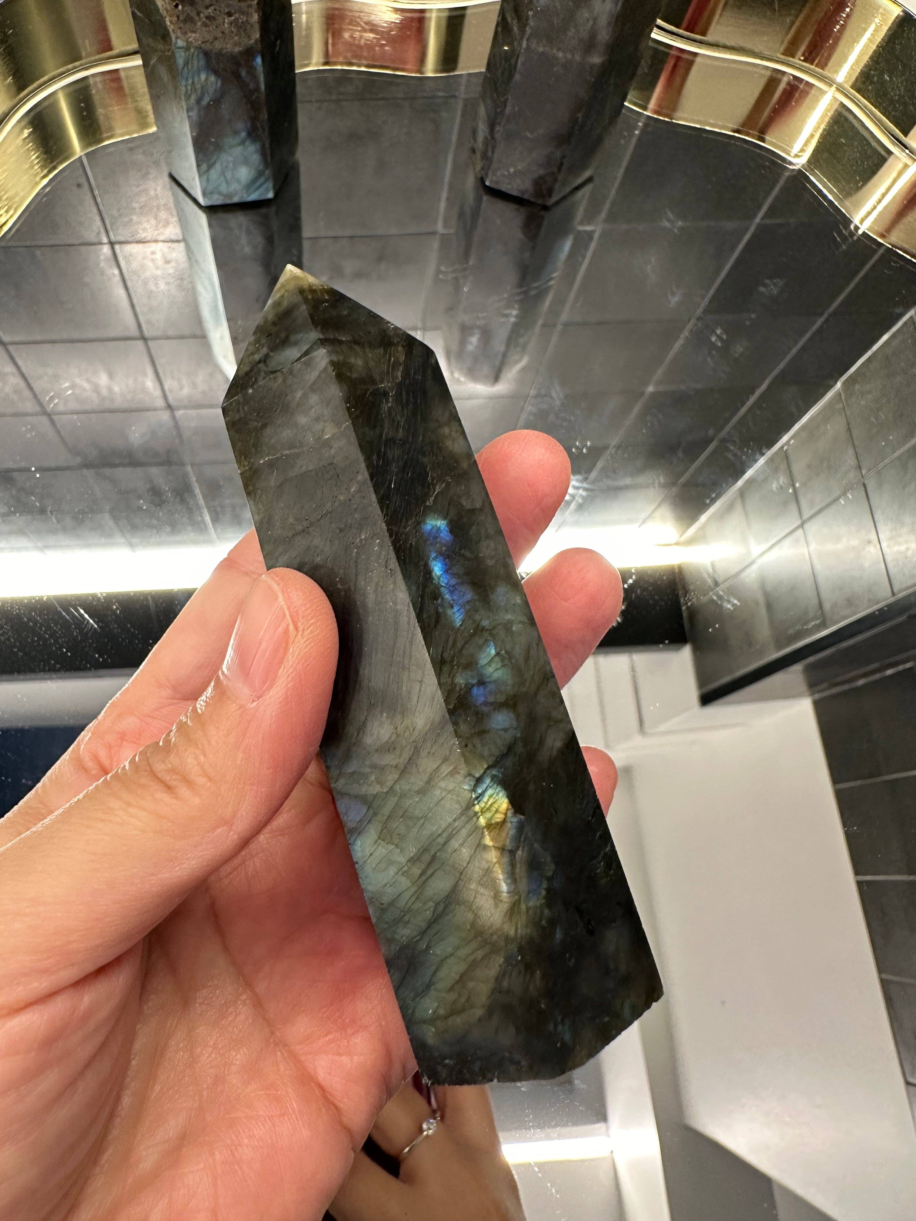 Moon Rituals – wholesale Spiritual stone/crystal – Natural Labradorite Tower Point Generator: Transformation & Intuition Crystal (10cm/4in), Christmas Crystal Gift4