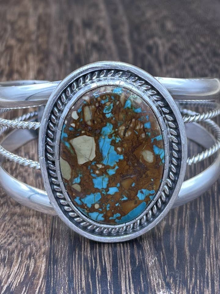 Navajo Handmade Sterling Silver Royston Turquoise Cuff Bracelet By Trish largo for wholesale by Native City Jewelry