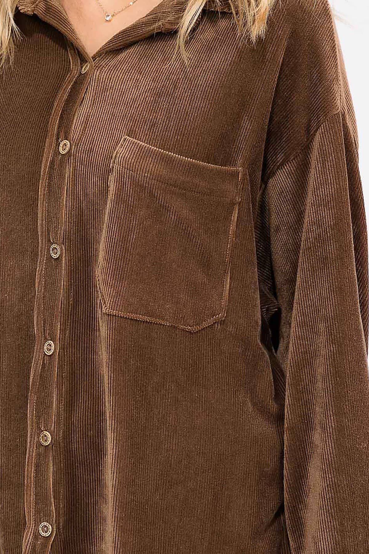 ROUSSEAU - Wholesale Button Down Shirt - Women's - OVERSIZED CORDUROY BUTTON DOWN POCKET FRONT TOP10