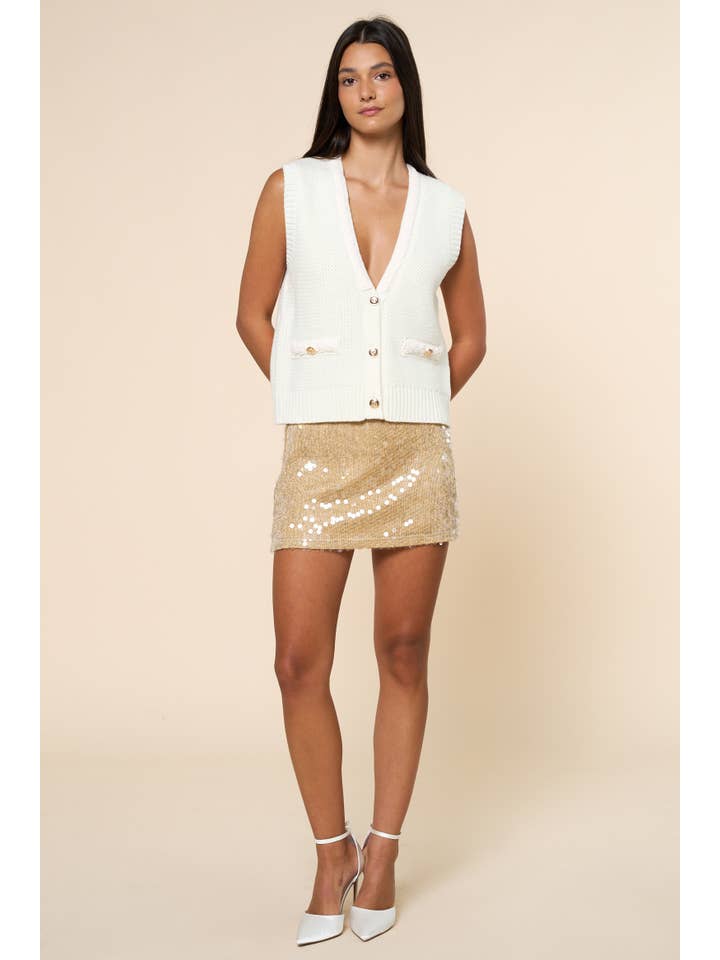 Lalavon - Vente Pull sans manches – femme - Gilet sans manches à boutons dorés ILT57649