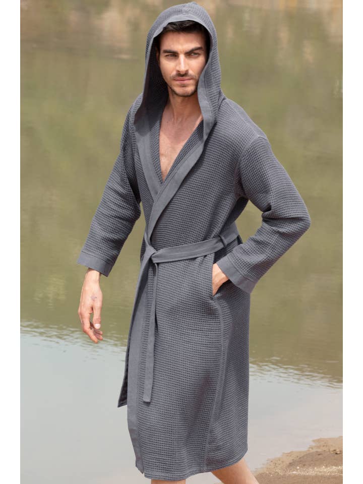 Seyante - Wholesale Robe - Men's - Men's Hooded Turkish Cotton Waffle Robe