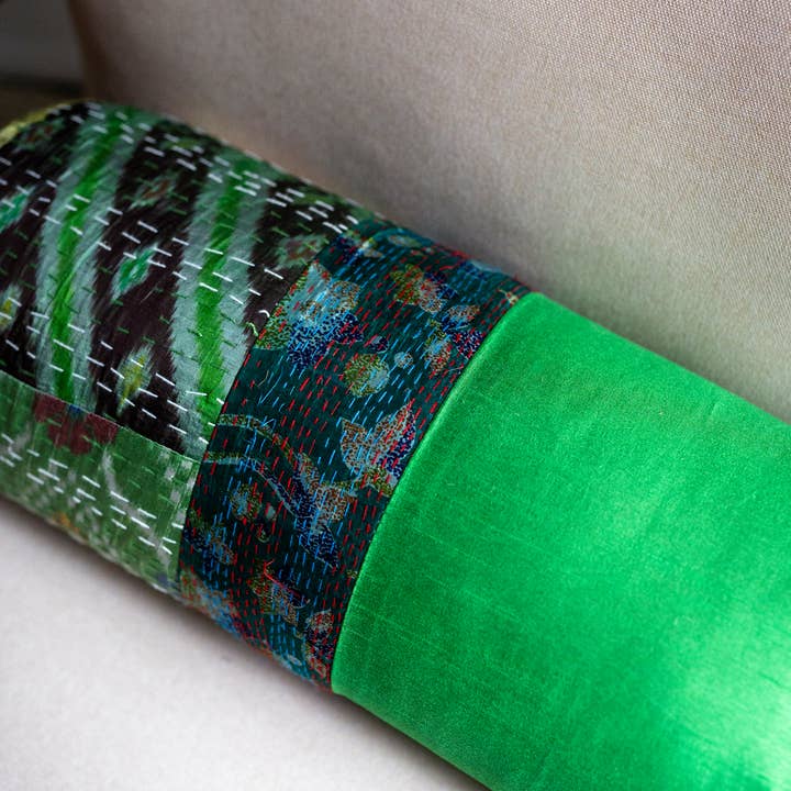 Colors By Padmini - Wholesale Throw/Decorative Pillow - Vintage Silk Kantha Bolster Pillow-Hand-Stitched Indian Sari
