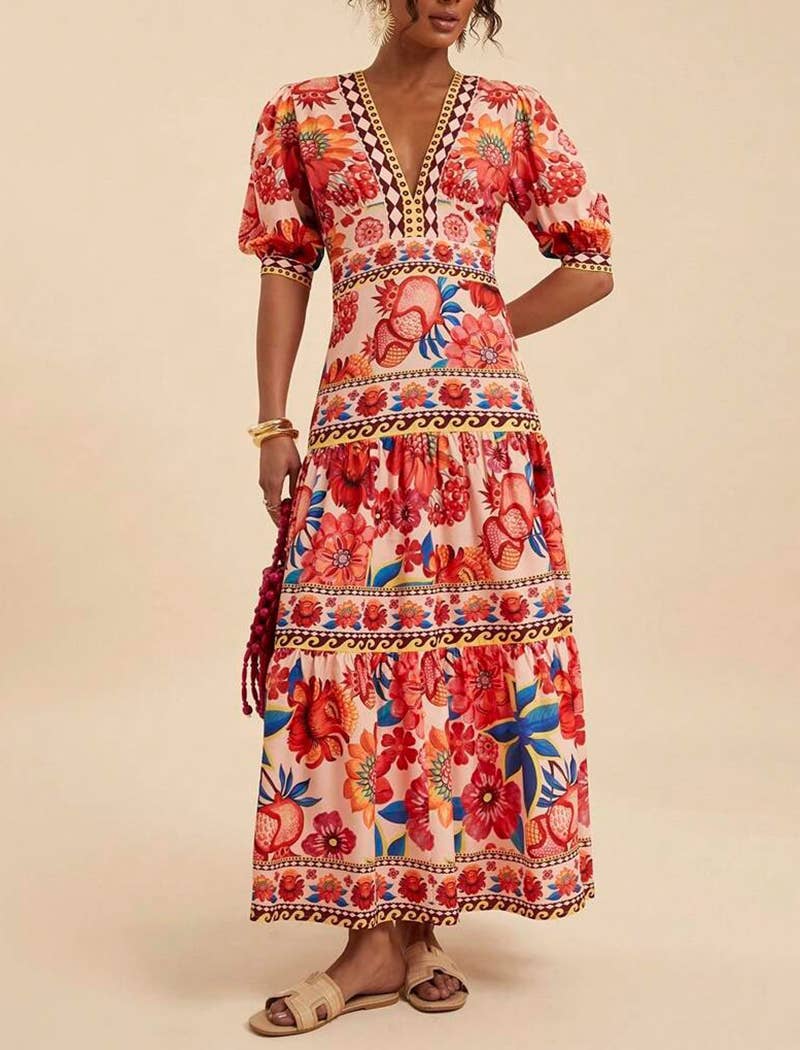 FLOWERY Floral Print Long Dress with Puff Sleeves for wholesale on Faire3