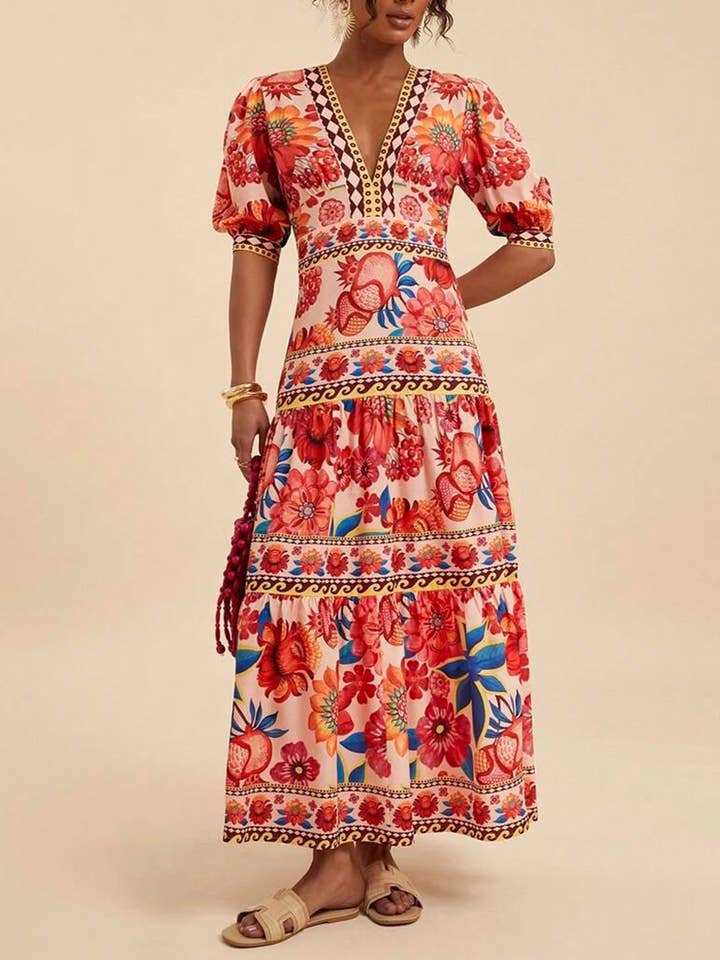 FLOWERY Floral Print Long Dress with Puff Sleeves for wholesale on Faire3