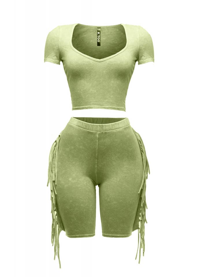 Boswell - Wholesale Top & Short Set (NOT Loungewear) - Women's - MINERAL WASH FRINGE DETAIL BIKER SET