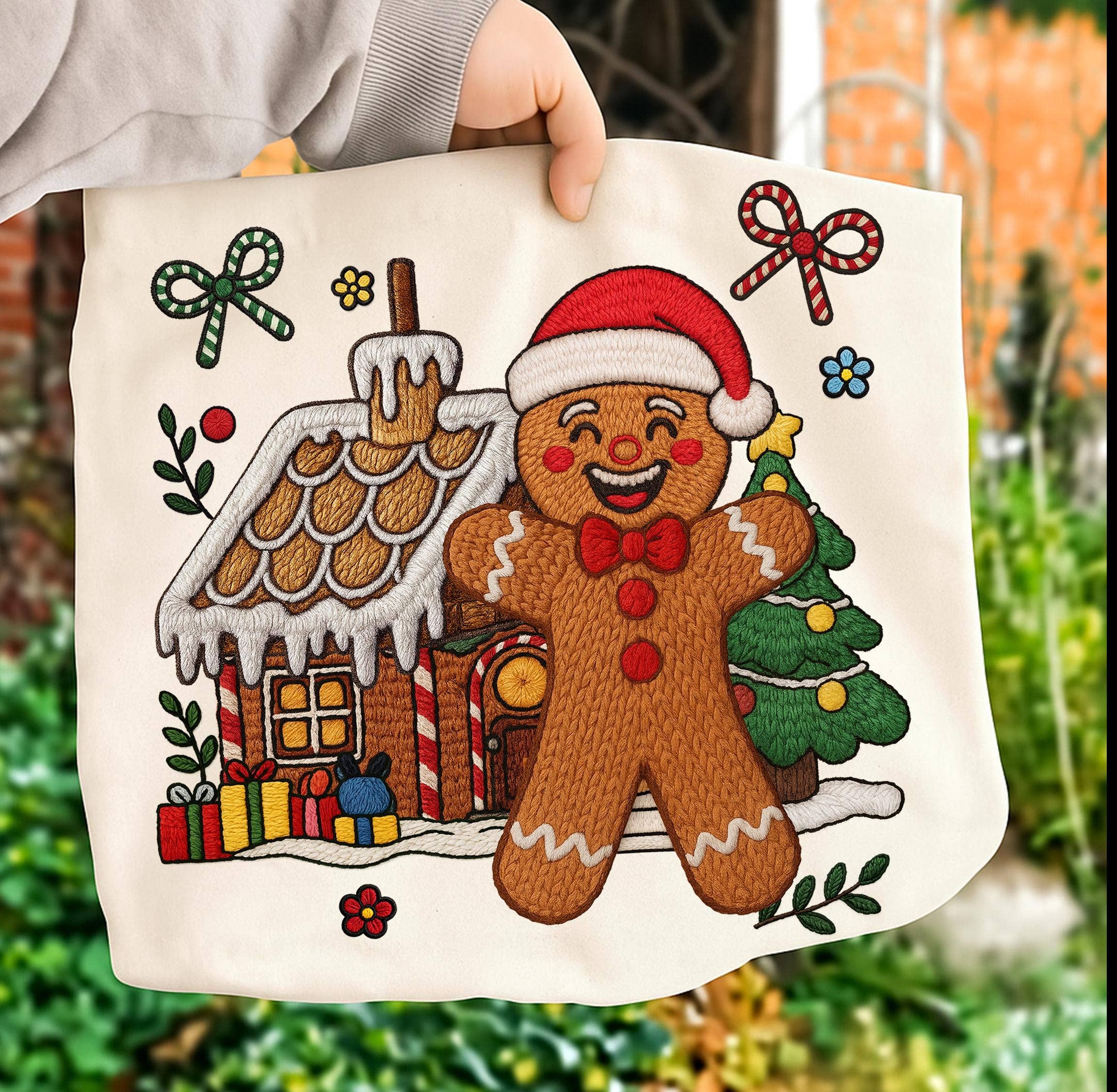 NVC Ecommerce LLC - Vente T-shirt à imprimés – femme - Faux Fil Crochet Bonhomme en Pain d'Épices T-shirt, Pull de Noël0