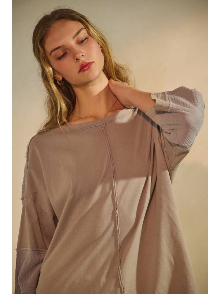 Oddi - Wholesale Blouse - Women's - Plus Acid Washed Mixed Fabric Pullover Top