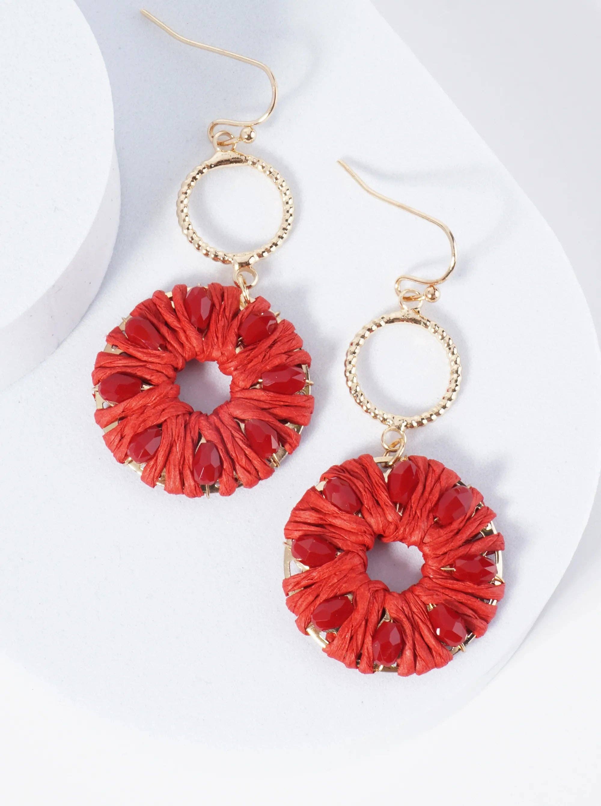 Wild Honey - Wholesale Dangle Earrings - Two Circle Drop Earrings Wrapped With Glass Beads And Raffia0