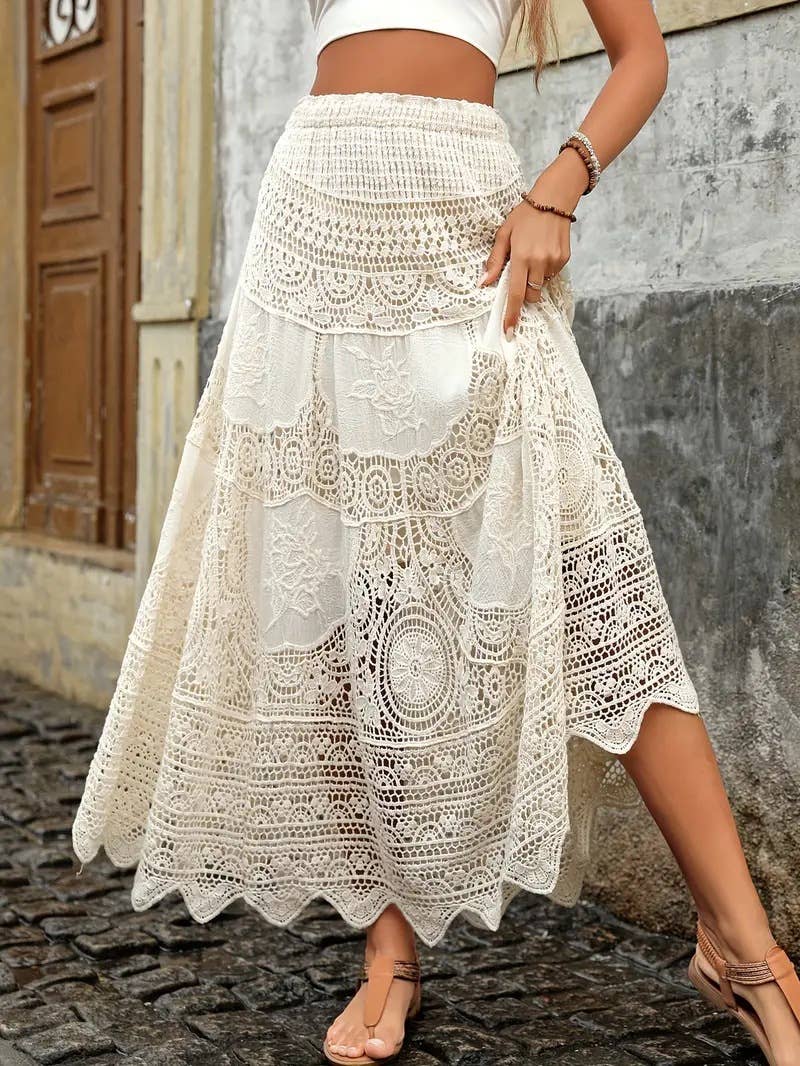beige Bohemia beach resort  Floral Crochet Lace maxi skirt for wholesale on Faire0