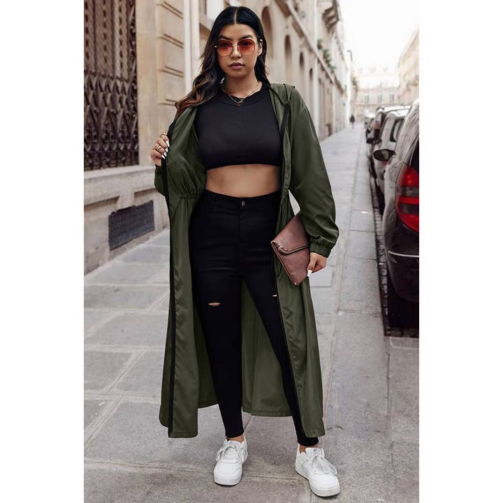 OLIVE Plus Size Solid Drawstring Waist Long Body Jacket for wholesale on Faire