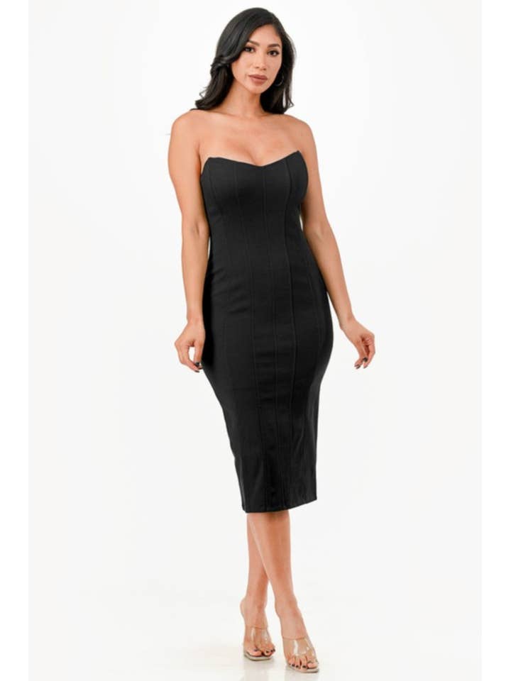 659-Abito Midi Fasciato Senza Spalline in Twill Elasticizzato con Cerniera Posteriore per la vendita all'ingrosso da parte di JBLA FASHION