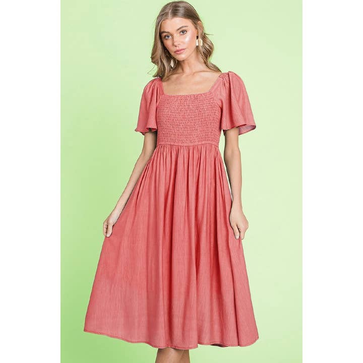 Smocked Square Neck Flutter Sleeve Midi Dress for wholesale by LIME N CHILI