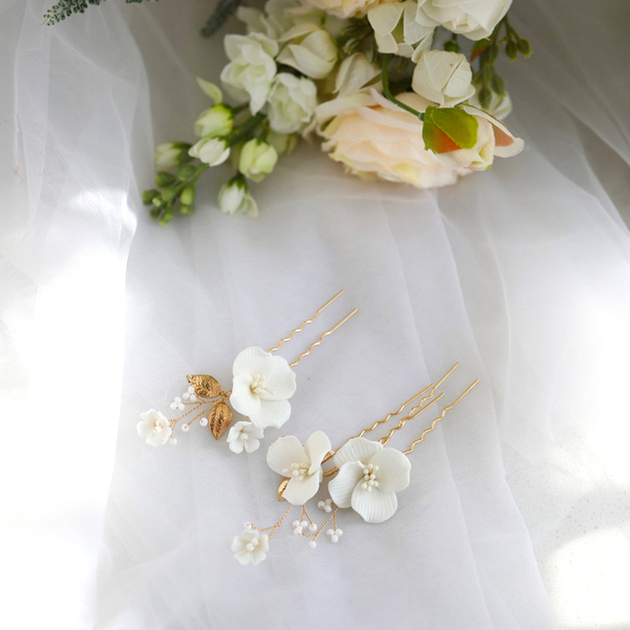 LanLivia – wholesale Hair pin – Handmade ceramic white flowers bridal hairpins-One set of 3-Gold n Silver3