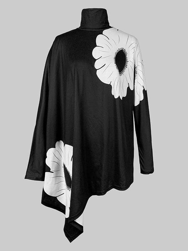 BLACK Long Sleeves Loose Asymmetric Floral Printed Split-Joint High Neck T-Shirts for wholesale on Faire3