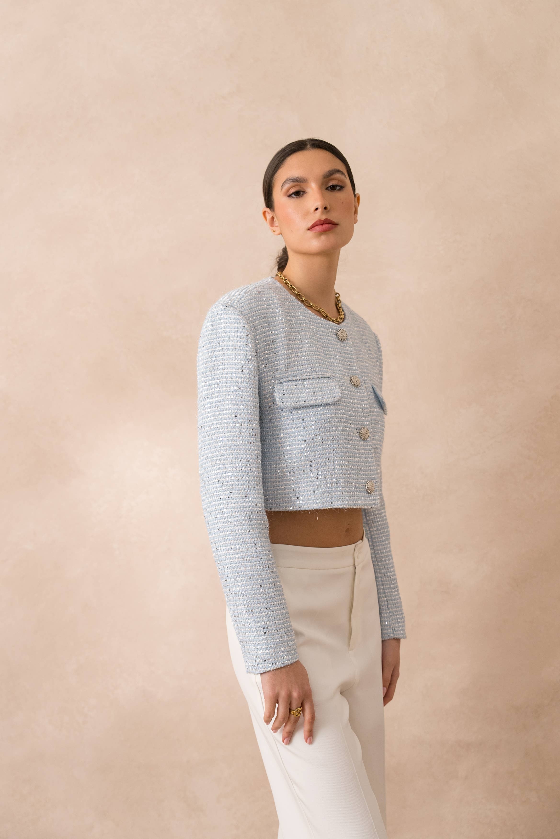 Attentif Paris – Großhandel Jacke – Damen – Kurze Tweedjacke mit Pailletten ohne Kragen11