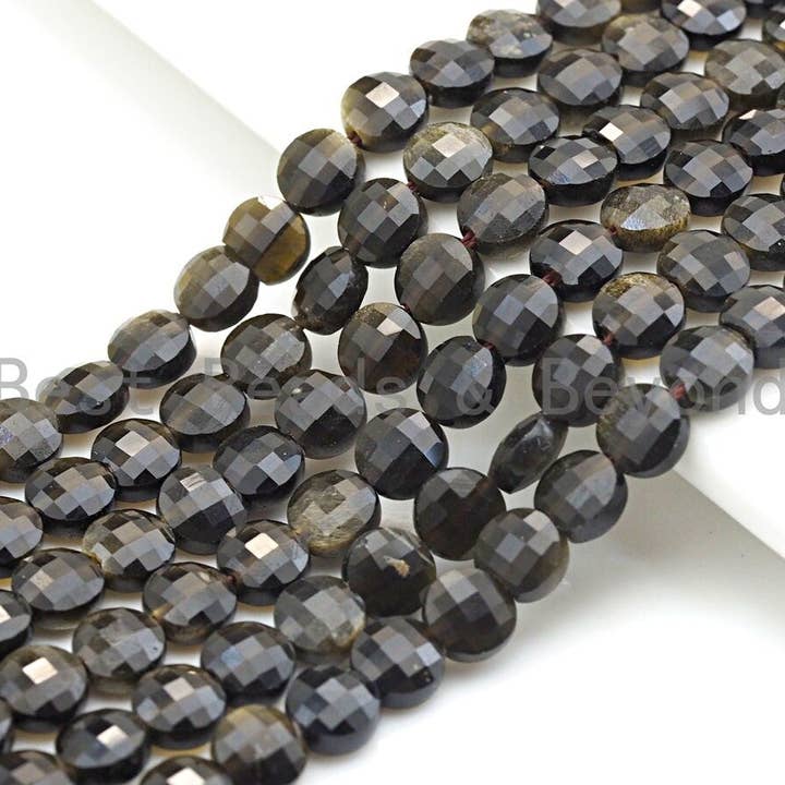 Double Sided Turtle Shell Cut Natural Silver Obsidian Coin Shape beads, 6mm/8mm/10mm Natural Gemstone Beads, 15.5" Full strand, Sku#U797 for wholesale by BestBeads&Beyond