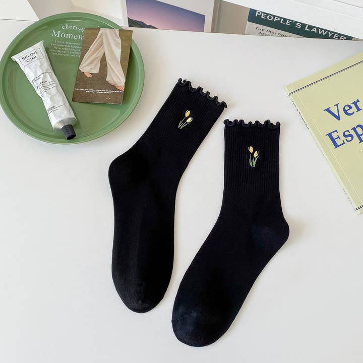 NINEXIS - Vente Chaussettes – femme - CWMS02987_CHAUSSETTES FEMME À VOLANTS TULIPE BRODÉS0