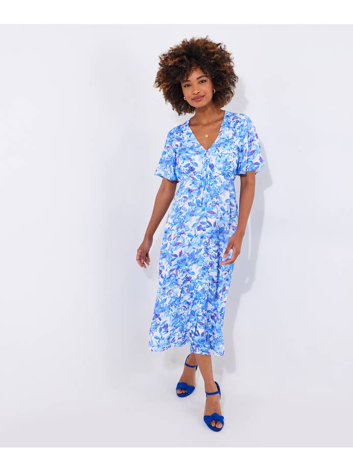 Blue Olivia Floral Printed Midi Dress for wholesale on Faire