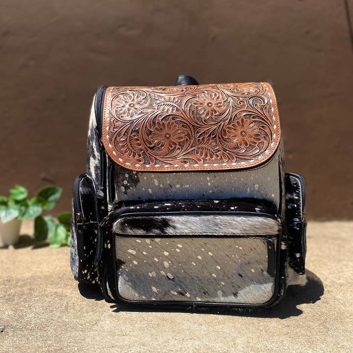 Western Linens - Wholesale Backpack - Women's - Acid Wash Silver Becky Tooled & Cowhide Backpack