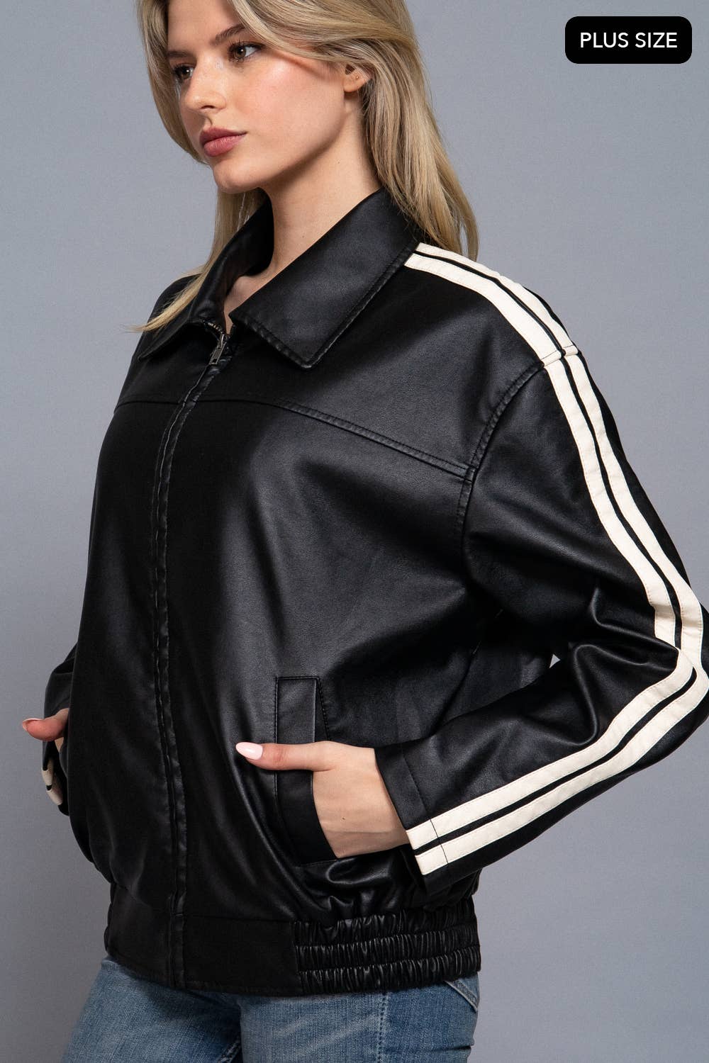 Active Basic | Active USA - Wholesale Leather Jacket - Women's - [PLUS SIZE] Long Sleeve Line Detail Faux Leather Jacket2
