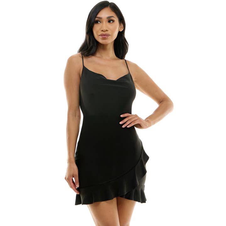 Shakira Bodycon Mini-Dre aus Satin mit Wasserfallausschnitt und Riegel hinten und Rüschensaum für den Großhandel von NOVA & PRIME