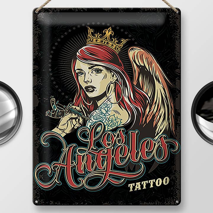 Femer - Vente Pancarte - Panneau en étain Pinup Tattoo Los Angeles 30 x 40 cm