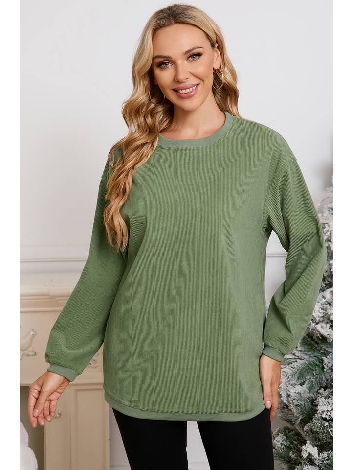 Aapparella - Wholesale Sweatshirt - Women's - Women Solid Corduroy Crewneck Loose Fit Sweatshirt | S-2XL