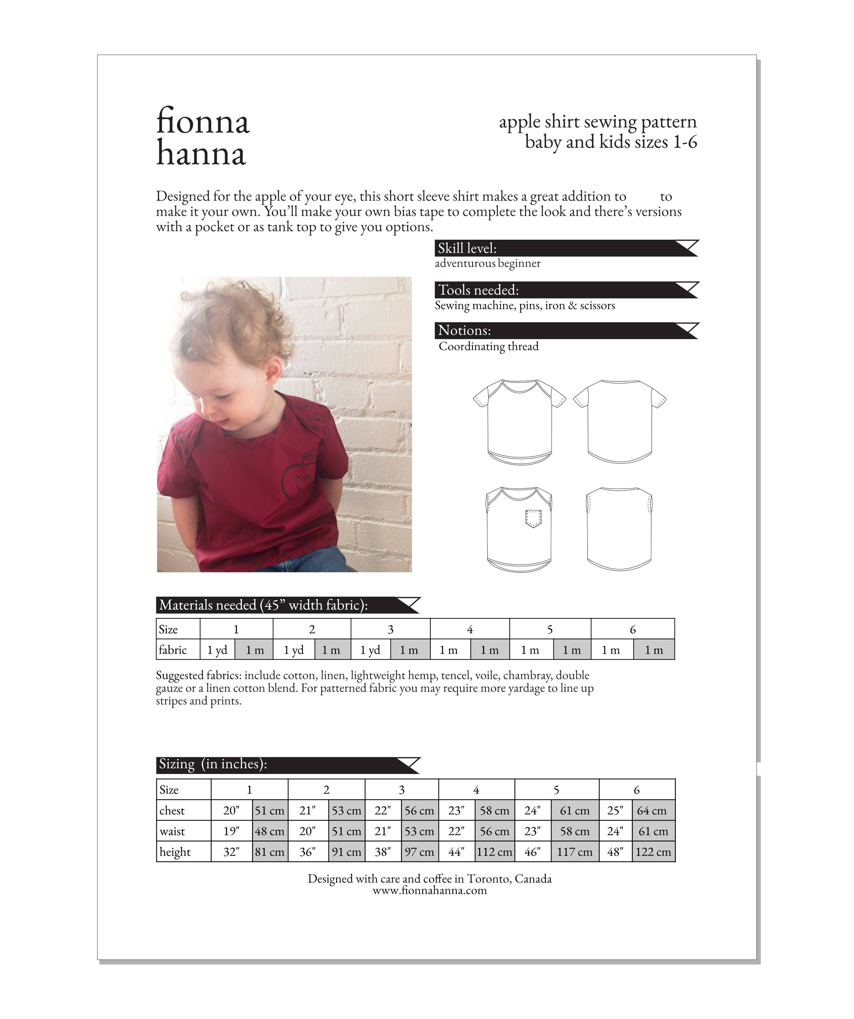 Fionna Hanna - Vente Kits de couture - Patron de couture pour chemise pomme pour enfants1