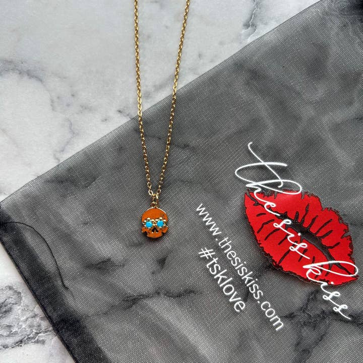 Gold and Turquoise Sugar Skull Necklace for wholesale by The Sis Kiss