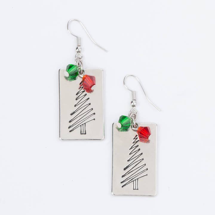 Holiday Engraved Christmas Tree Drop Earrings for wholesale by Elsie & Zoey