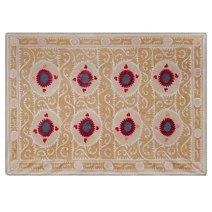 Beige uzbekisk suzani-matta – röd och teal blombroderi – boho för wholesale av Vintage Pillows Store