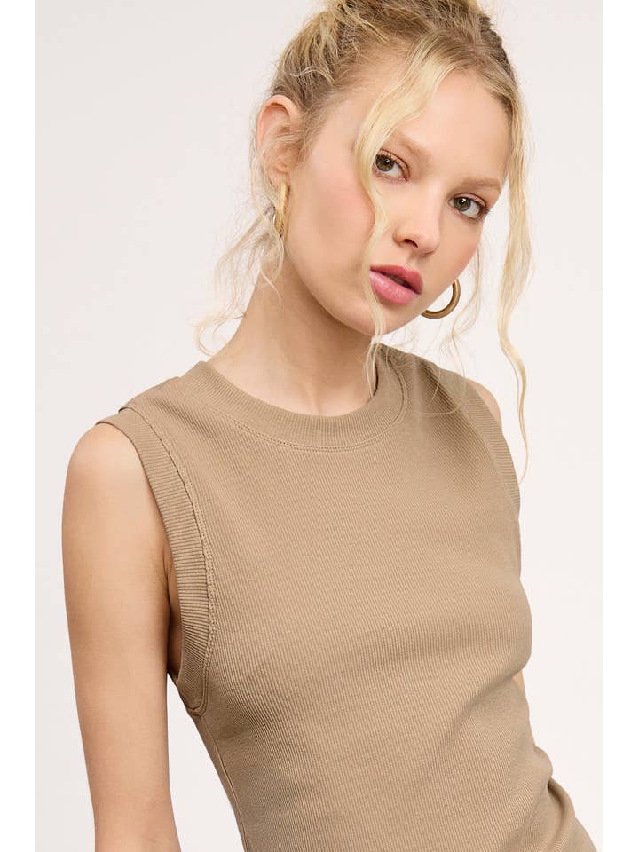 La Miel - Wholesale Tank Top - Women's - HUT7340-Stretchy Basic Ribbed Sleeveless Crew Neck Top4