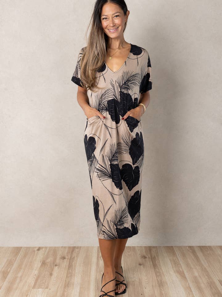 Connor V-Neck Midi Dress (Midnight Kalo) for wholesale by Ten Tomorrow