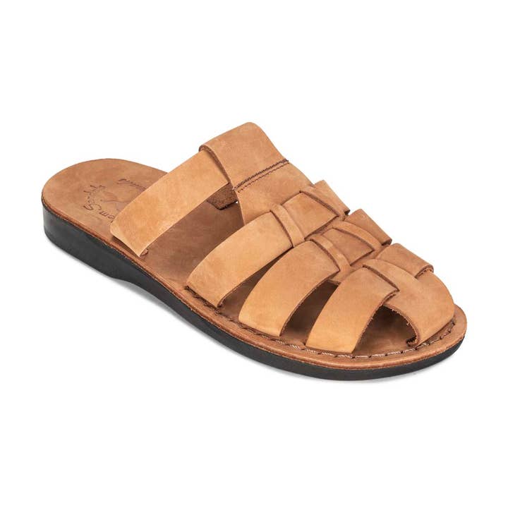 Michael Slide - Pacific Slide-sandaal van leer | Camelbruin nubuck voor wholesale door Jerusalem Sandals