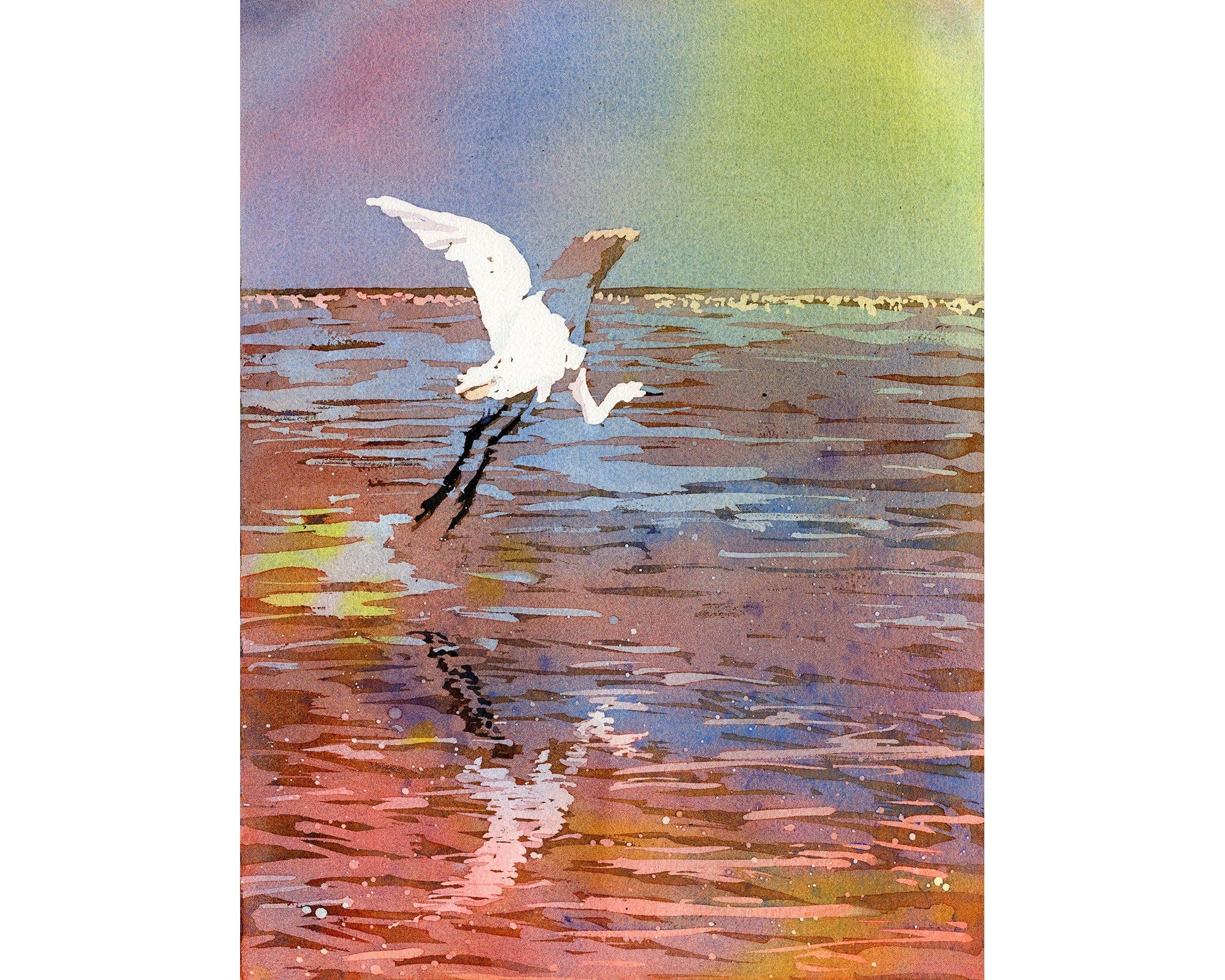 Ryan Fox Fine Art - Wholesale Art Print - Jamaican crane flying over water in Montego Bay.  Watercolor painting crane art bird Jamaica Montego Bay ocean artwork crane colorful art (print)0
