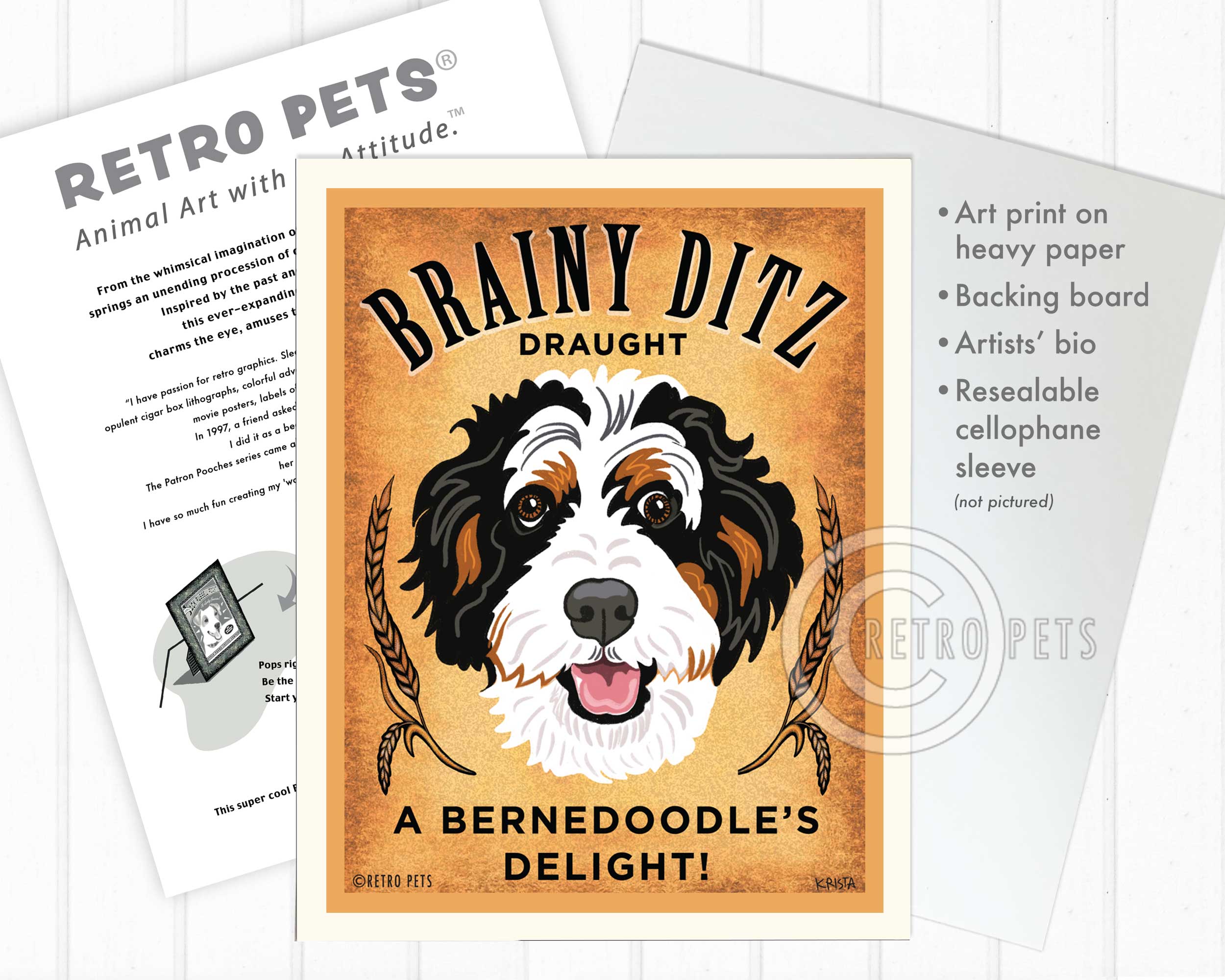 Retro Pets – wholesale Art print – B-131  8x10 Art Print, Bernedoodle "Brainy Ditz"2