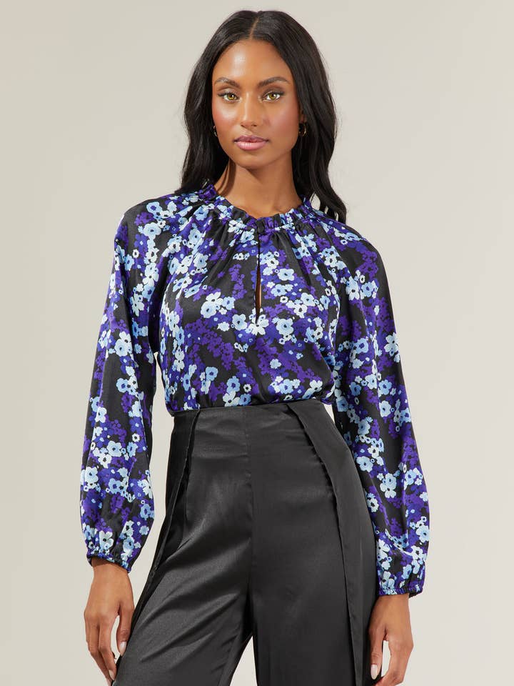 Aster Bloom Jovie Split Neck Satin Raglan Blouse for wholesale by Sugarlips