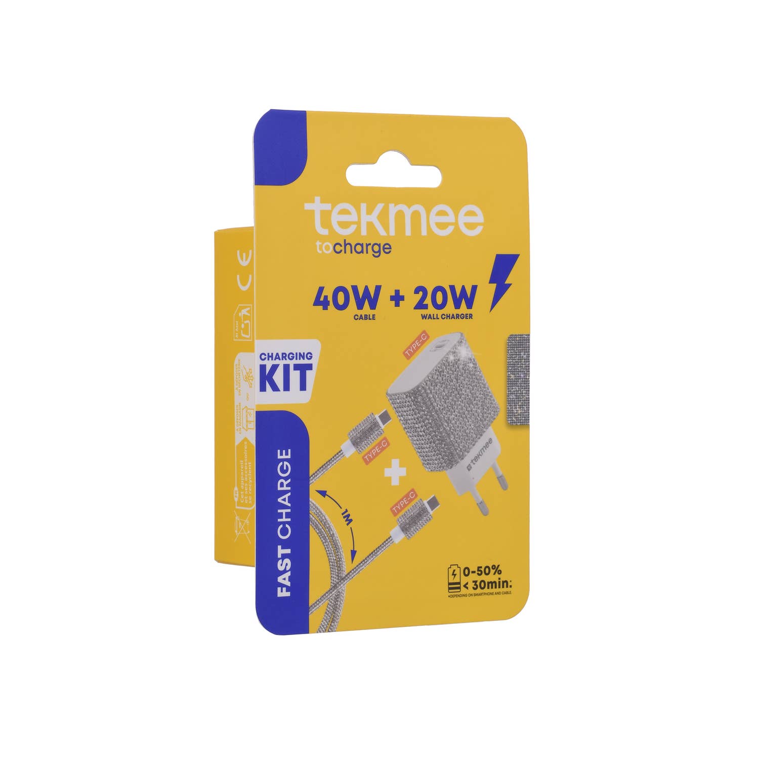 Tekmee – Carregador portátil por atacado – Kit de Carregamento Rápido Strass Prateado – 20W & 40W, Tipo-C1