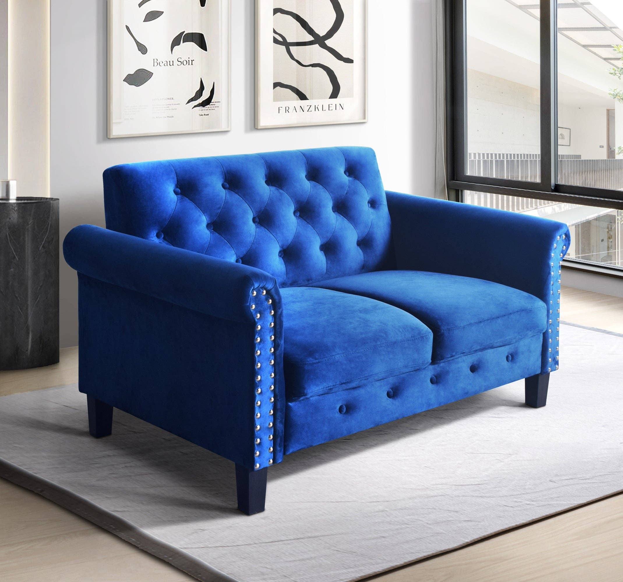 Home Design - Wholesale Sofa - 2-Piece Casper Velvet Rolled Arm Living Room Set with Loveseat and Sofa, Foam-Filled Cushions, Nailhead Trim, Navy Blue2