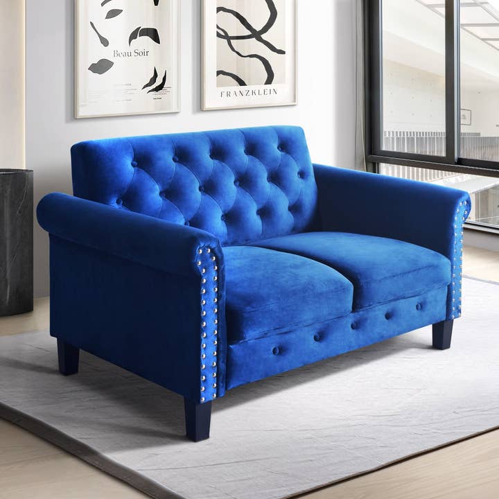 Home Design - Wholesale Sofa - 2-Piece Casper Velvet Rolled Arm Living Room Set with Loveseat and Sofa, Foam-Filled Cushions, Nailhead Trim, Navy Blue2