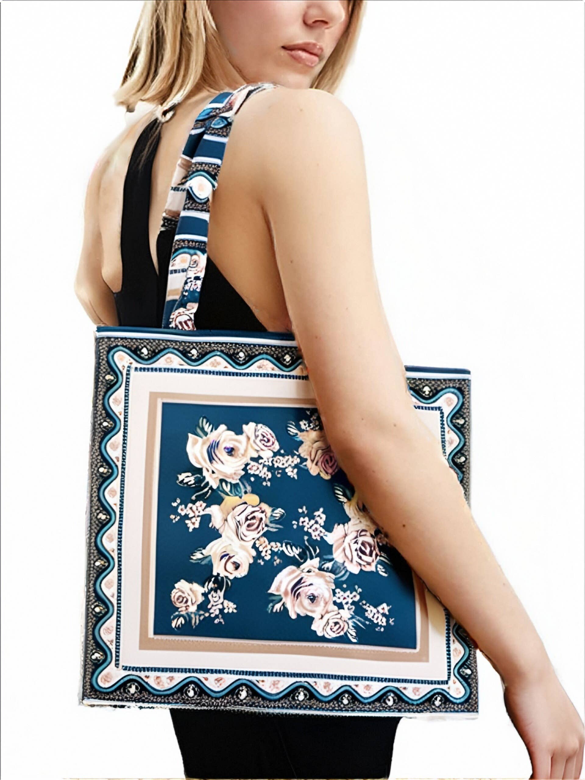 JC Sunny Fashion – wholesale Tote bag – Women's – JCFB0090 Art-Inspired Premium Shoulder Bag--Teal Bordered Floral0