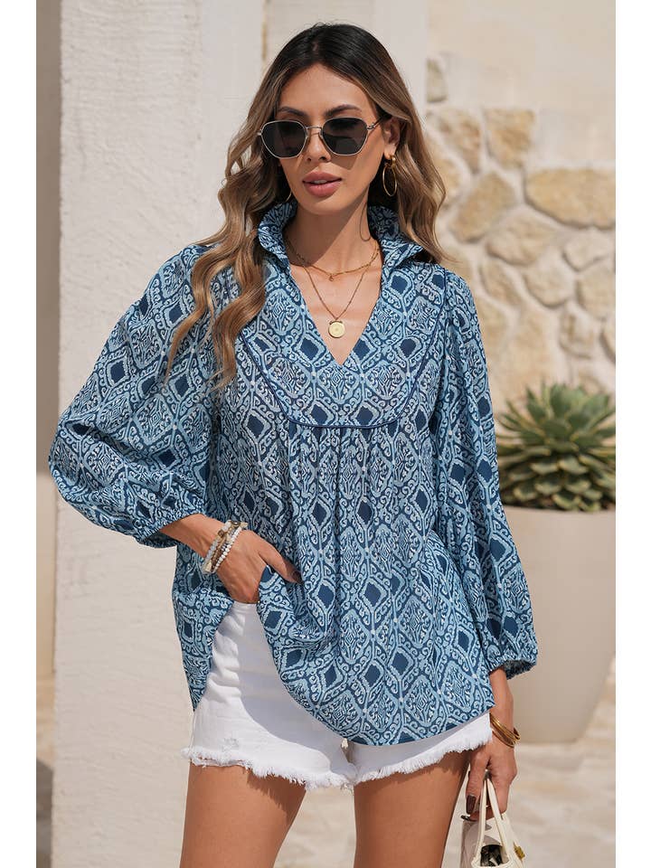 Sky Blue LDC Western Geometric Print Frilled V Neck Loose Fit Blouse for wholesale on Faire