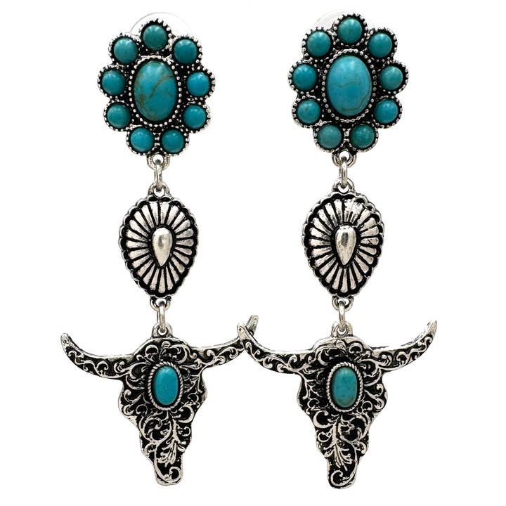 Lunar Deer - Vente Boucles d'oreilles pendantes - Boucles d'oreilles pendantes à trois breloques Bohemian Longhorn Turquoise Navajo1