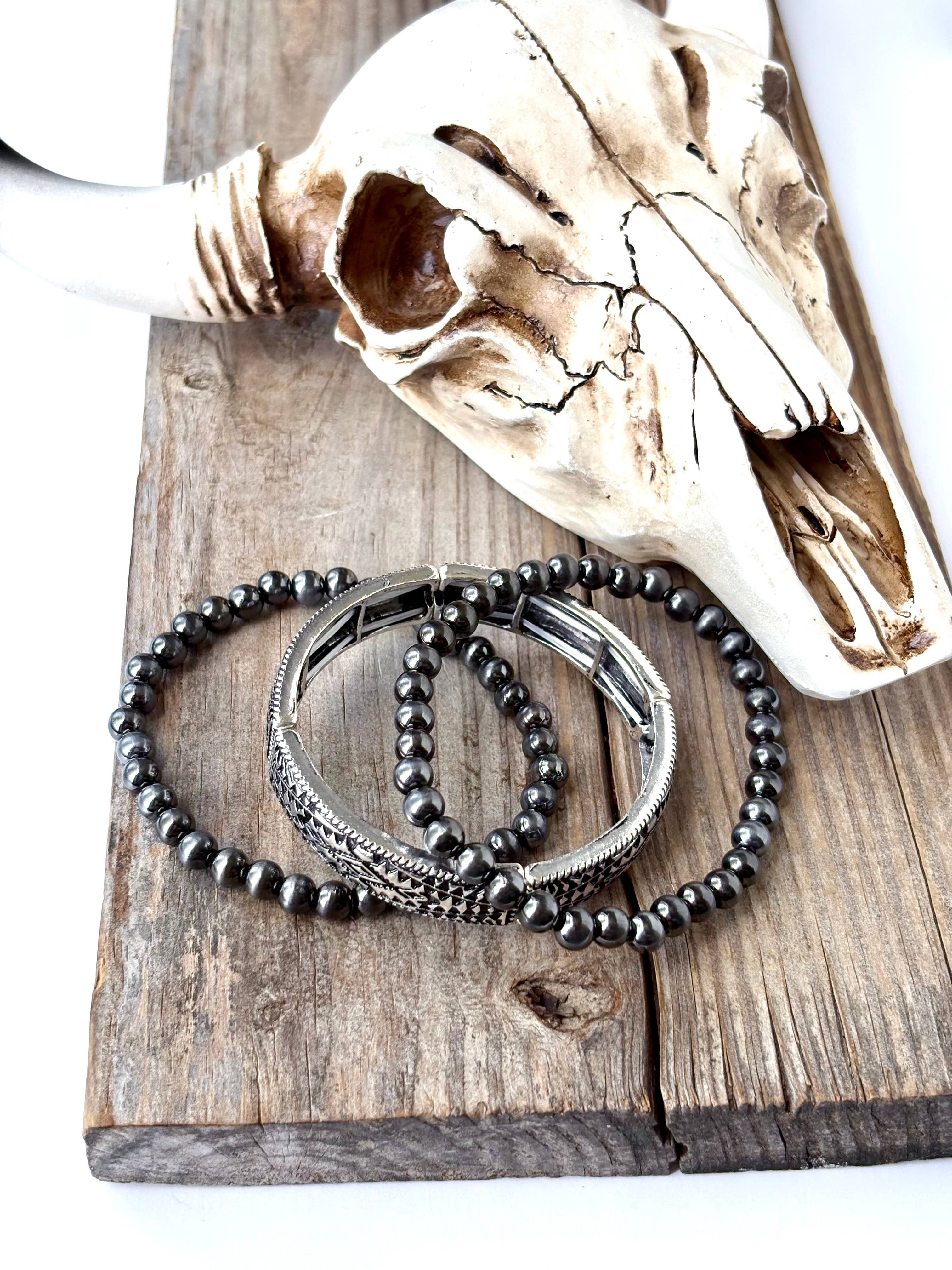 Boho Ranch Shop - Wholesale Bangle Bracelet - 3 Layer Western Stretch Bracelet w/ Navajo Pearl 1